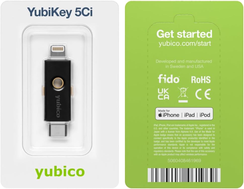 Yubico - YubiKey 5Ci - Multi-Factor authentication (MFA) Security Key and passkey for iPhone/Android/PC, Dual connectors for Lighting/USB-C, FIDO Certified