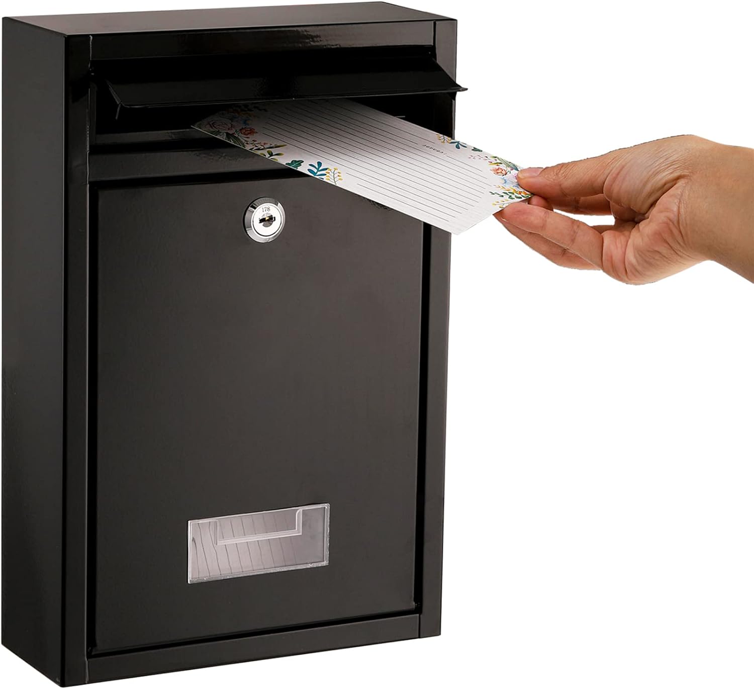 DEAYOU Wall Mount Mailbox, Steel Cover Metal Drop Box, Mail Box with Key Lock, Dropbox with Slot for Envelope, Home, Outside, Office Business, Decor, 12.6" H x 8.5" L x 3.3" W, Black