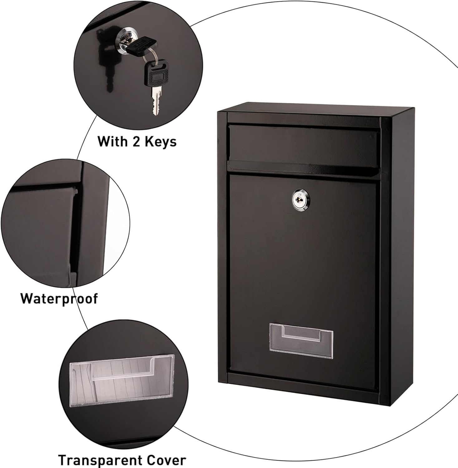 DEAYOU Wall Mount Mailbox, Steel Cover Metal Drop Box, Mail Box with Key Lock, Dropbox with Slot for Envelope, Home, Outside, Office Business, Decor, 12.6" H x 8.5" L x 3.3" W, Black