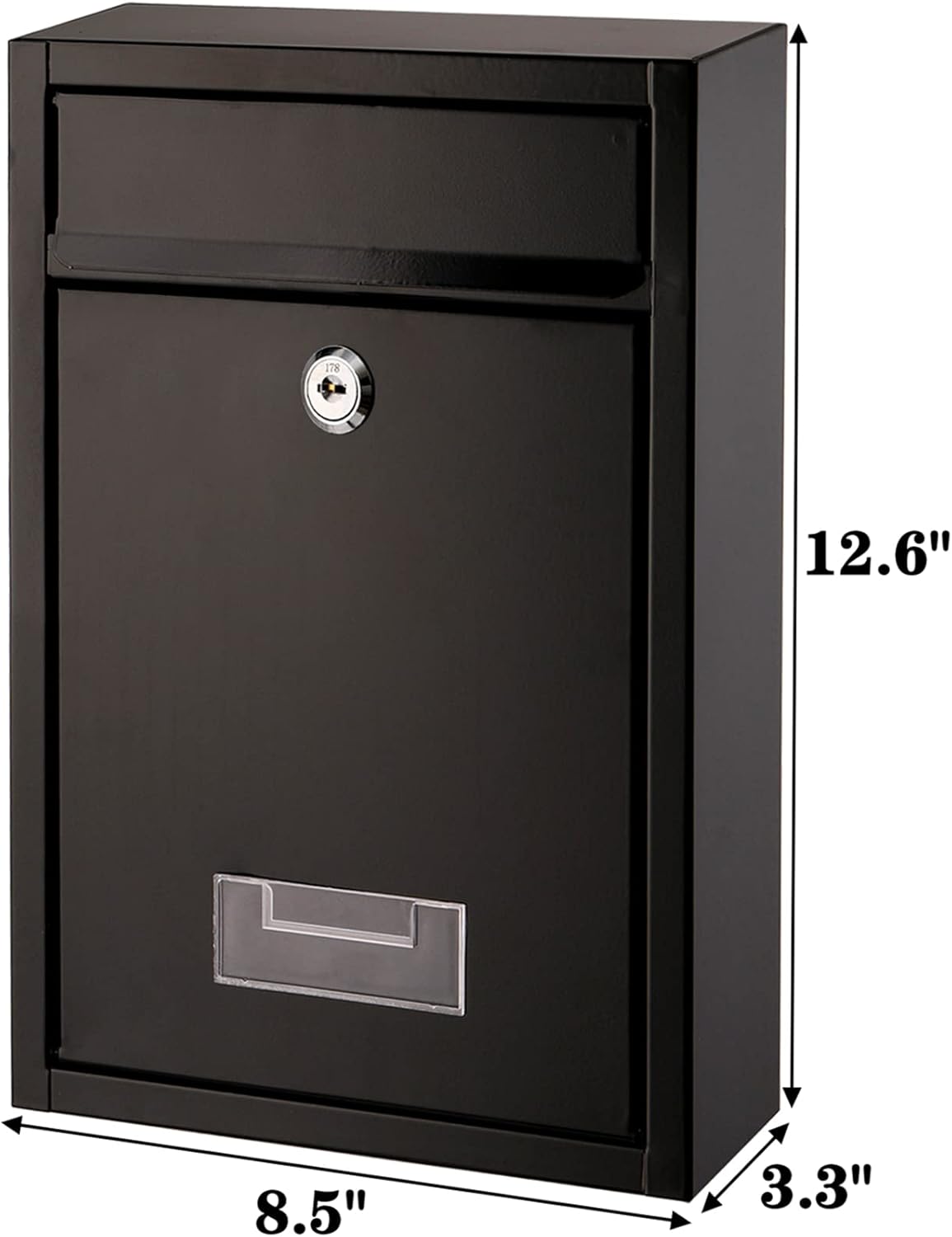 DEAYOU Wall Mount Mailbox, Steel Cover Metal Drop Box, Mail Box with Key Lock, Dropbox with Slot for Envelope, Home, Outside, Office Business, Decor, 12.6" H x 8.5" L x 3.3" W, Black