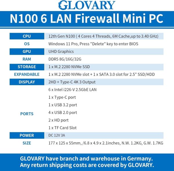 Firewall Mini PC Quad Core N150, DDR5 8GB RAM 128GB NVMe SSD, 6 x 2.5GbE i226V LAN Fanless Computer Hardware, Micro Router Appliance, AES-NI, OPNsense, TypeC Port, TF Card Slot