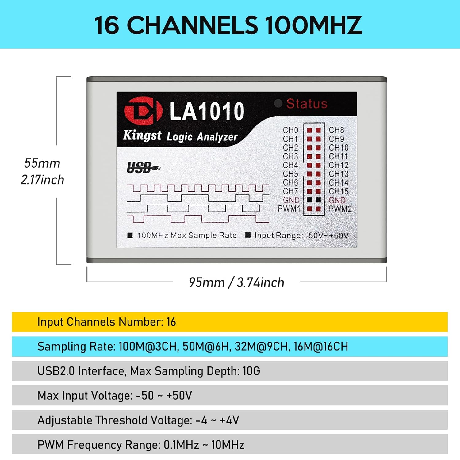 LA1010 USB Logic Analyzer 16 Input Channels 100MHz with The English PC Software Handheld Instrument,Support Windows (32bit/64bit),Mac OS,Linux