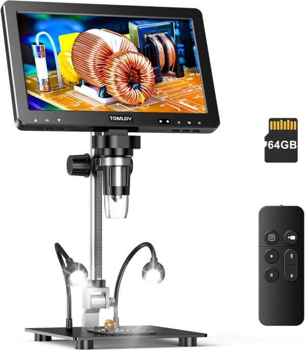 TOMLOV DM9 Max Digital Microscope: 20MP 10.1" 1500X HD IPS HDMI Coin Microscope Magnifier for Error Coins with Screen, LCD Soldering Microscopes for Adults, 10 LED Lights, PC/TV Compatible, 64GB