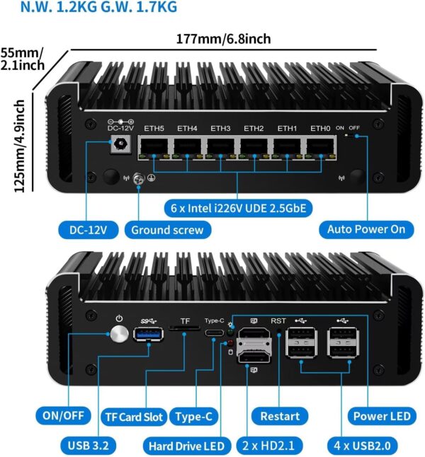 Firewall Mini PC Quad Core N150, DDR5 8GB RAM 128GB NVMe SSD, 6 x 2.5GbE i226V LAN Fanless Computer Hardware, Micro Router Appliance, AES-NI, OPNsense, TypeC Port, TF Card Slot