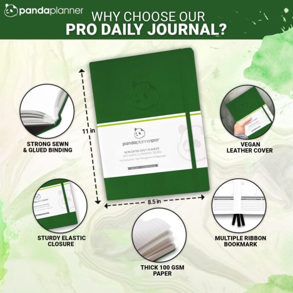 Panda Planner Pro Daily Planner 2026 – 6 Month Undated Daily Productivity Planner with Large 8.5x11 Layouts, Weekly & Monthly Calendar Planner, Goal Tracker, Habit Tracker & Time Management Organizer – Dark Green