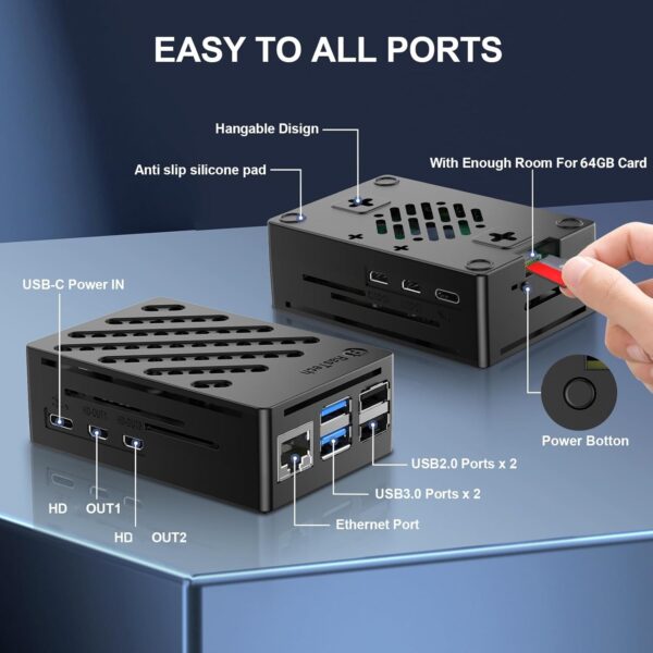 RasTech Raspberry Pi 5 8GB Kit 64GB Edition with Active Cooler,27W GaN 5.1V5A USB-C Power Supply,Pi5 8GB Board,64GB Card Readers Kit,Pi 5 Case,Dual 4K Micro HD Out Cables and User Manual