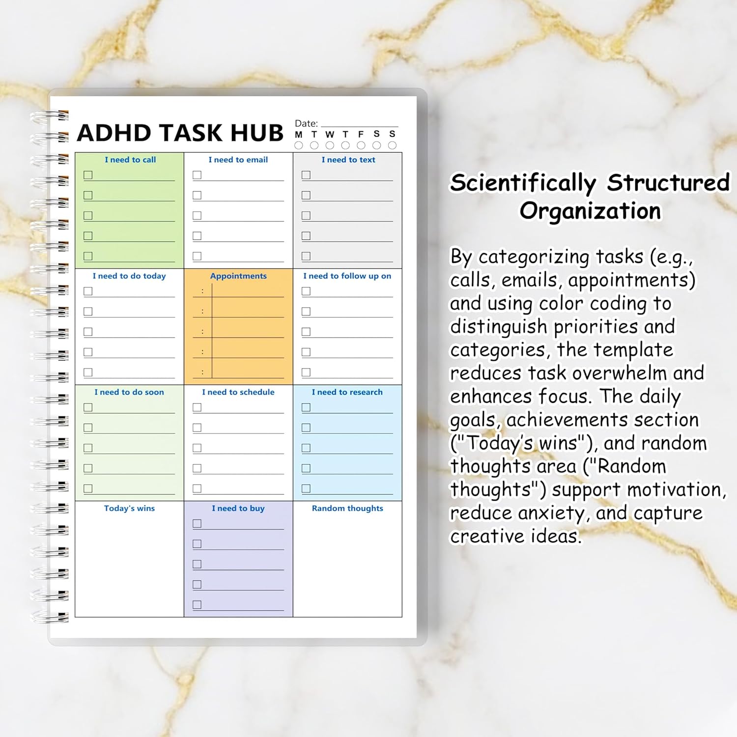 ADHD Planner for Focus & Productivity: Task Management Hub with Color-Coded Sections for Calls, Emails, To-Dos, Appointments & More. Reduce Overwhelm. A5, Durable Cover, 100gsm Paper, Spiral Bound