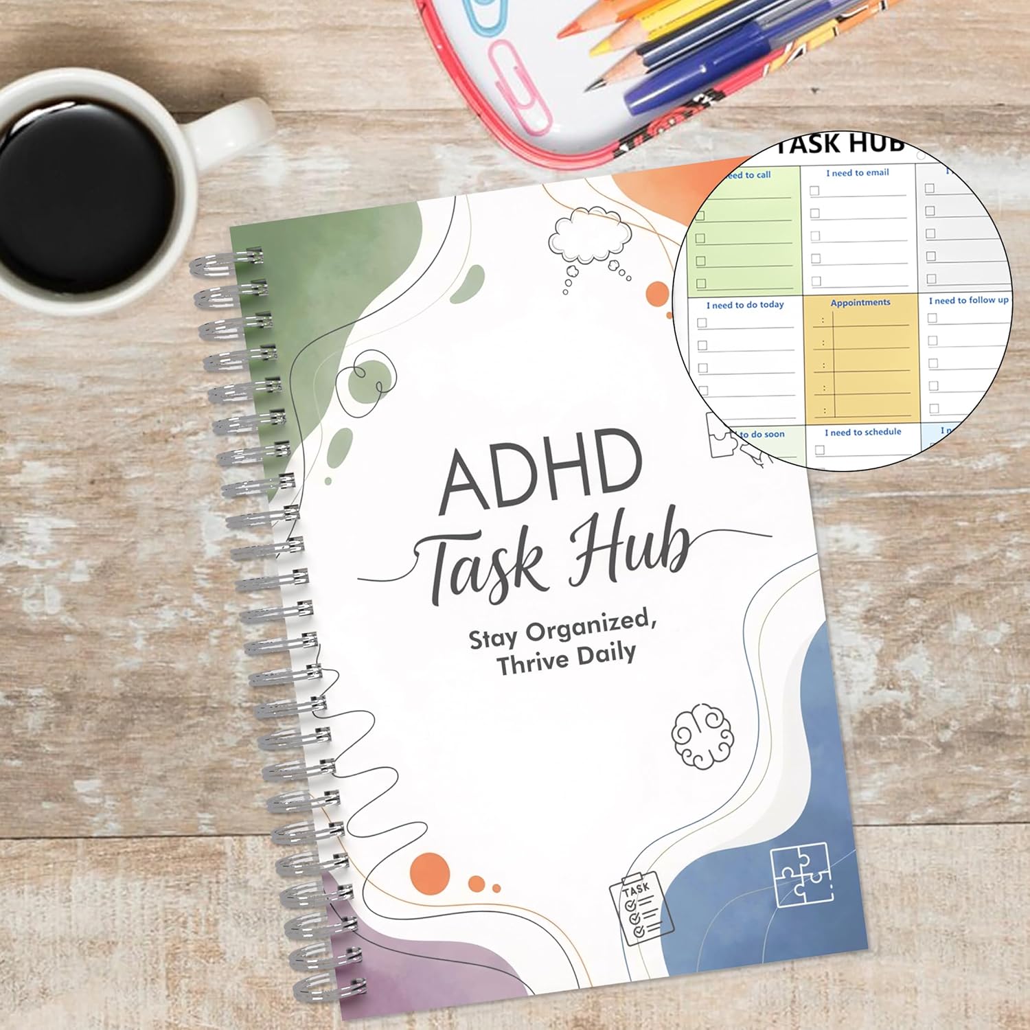 ADHD Planner for Focus & Productivity: Task Management Hub with Color-Coded Sections for Calls, Emails, To-Dos, Appointments & More. Reduce Overwhelm. A5, Durable Cover, 100gsm Paper, Spiral Bound