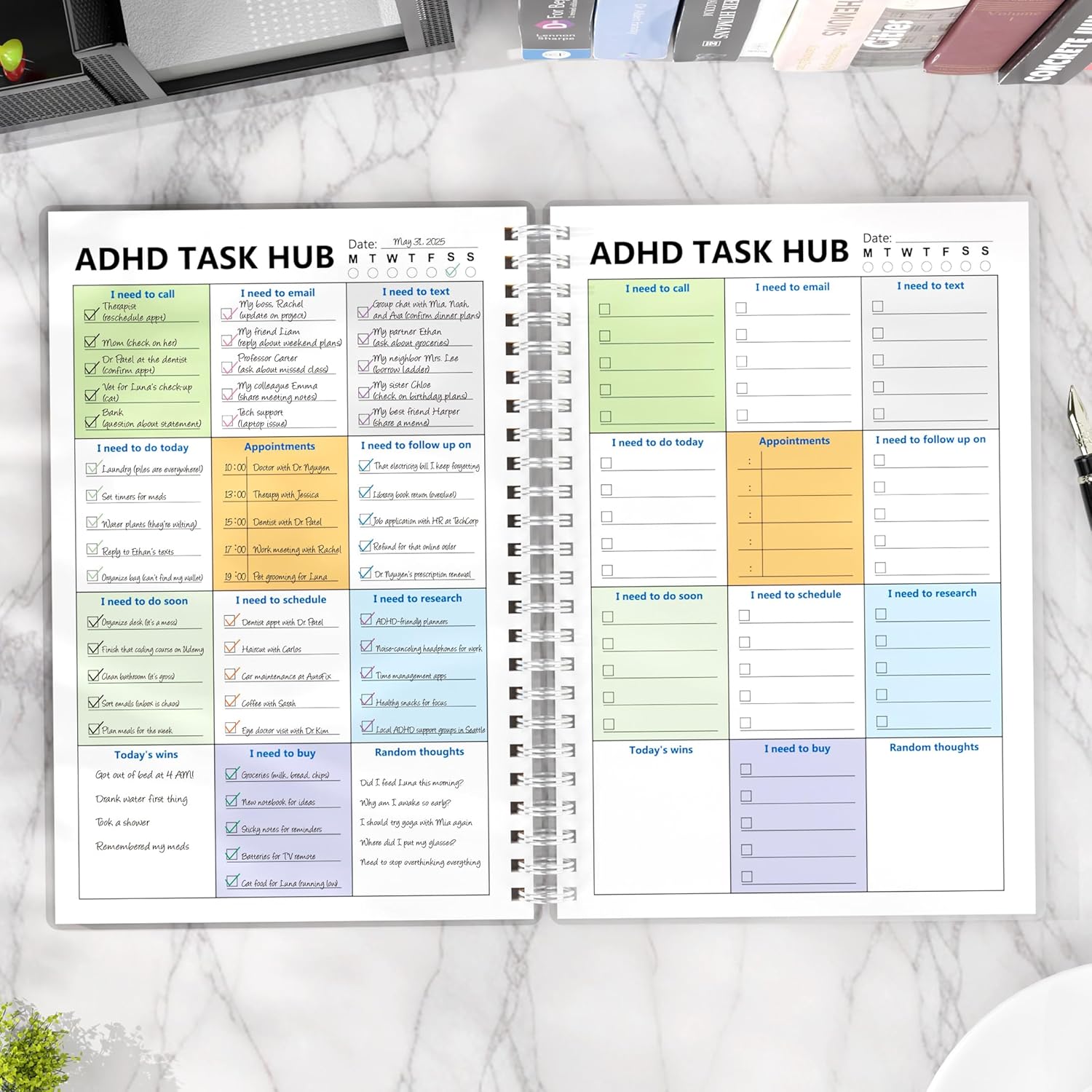 ADHD Planner for Focus & Productivity: Task Management Hub with Color-Coded Sections for Calls, Emails, To-Dos, Appointments & More. Reduce Overwhelm. A5, Durable Cover, 100gsm Paper, Spiral Bound