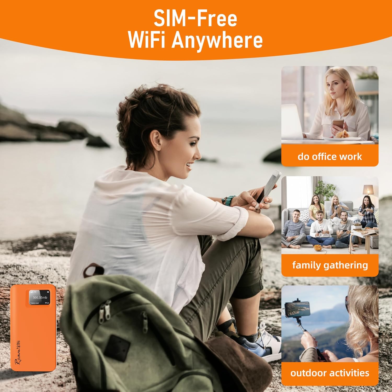 RoamWiFi 4G LTE WiFi Mobile Hotspot, Local & International Coverage Travel Router in 170+ Countries,No Contract or SIM Card Required,10 Connected Devices, US 50GB & Global 1GB Data 60Day