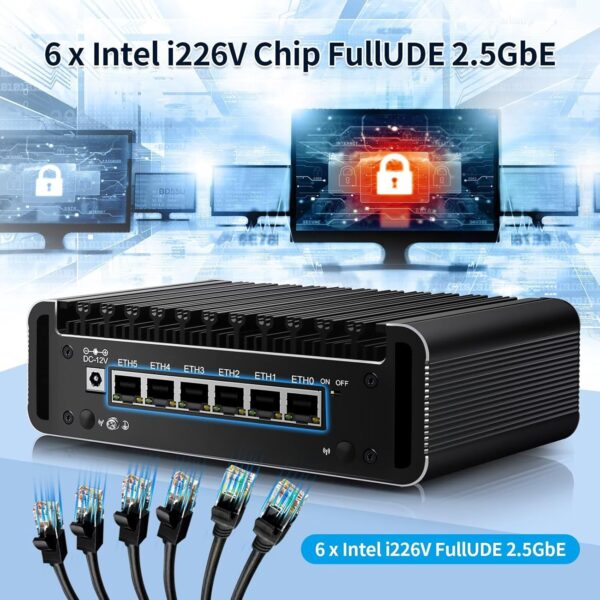 Firewall Mini PC Quad Core N150, DDR5 8GB RAM 128GB NVMe SSD, 6 x 2.5GbE i226V LAN Fanless Computer Hardware, Micro Router Appliance, AES-NI, OPNsense, TypeC Port, TF Card Slot
