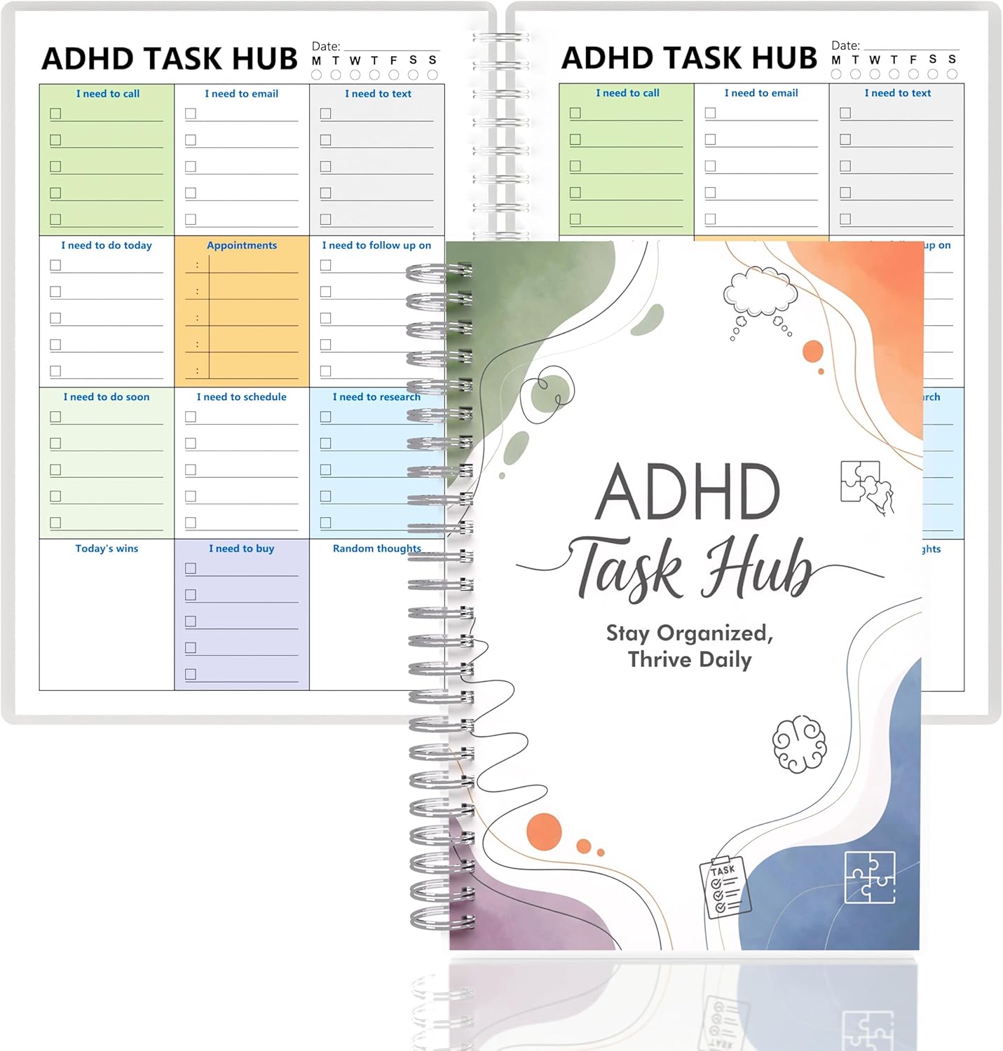 ADHD Planner for Focus & Productivity: Task Management Hub with Color-Coded Sections for Calls, Emails, To-Dos, Appointments & More. Reduce Overwhelm. A5, Durable Cover, 100gsm Paper, Spiral Bound