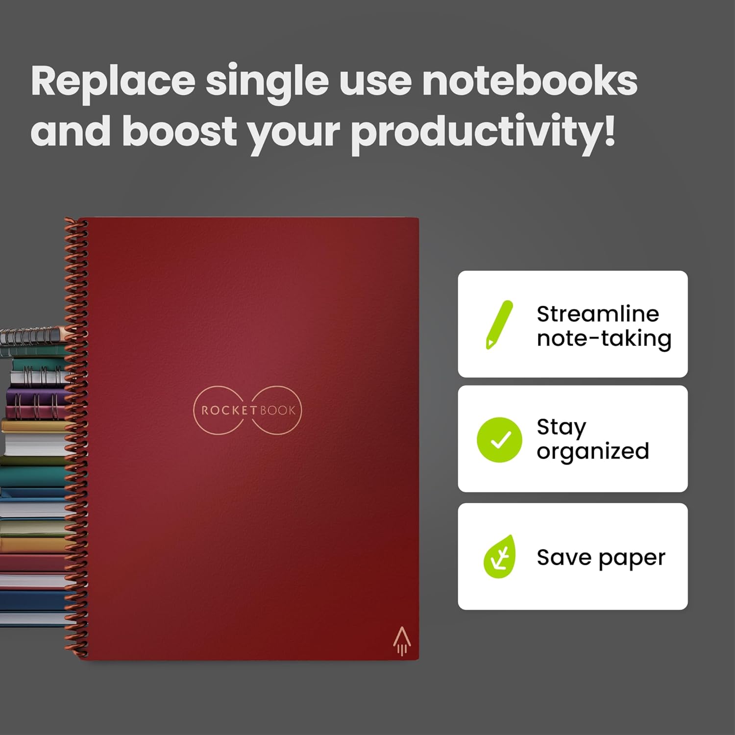 Rocketbook Core Reusable Spiral Notebook, Letter Size 8.5x11, Maroon - Dotted Pages, App-Connected, Erasable, Durable Cover, Ideal for School, Work, and Creative Projects