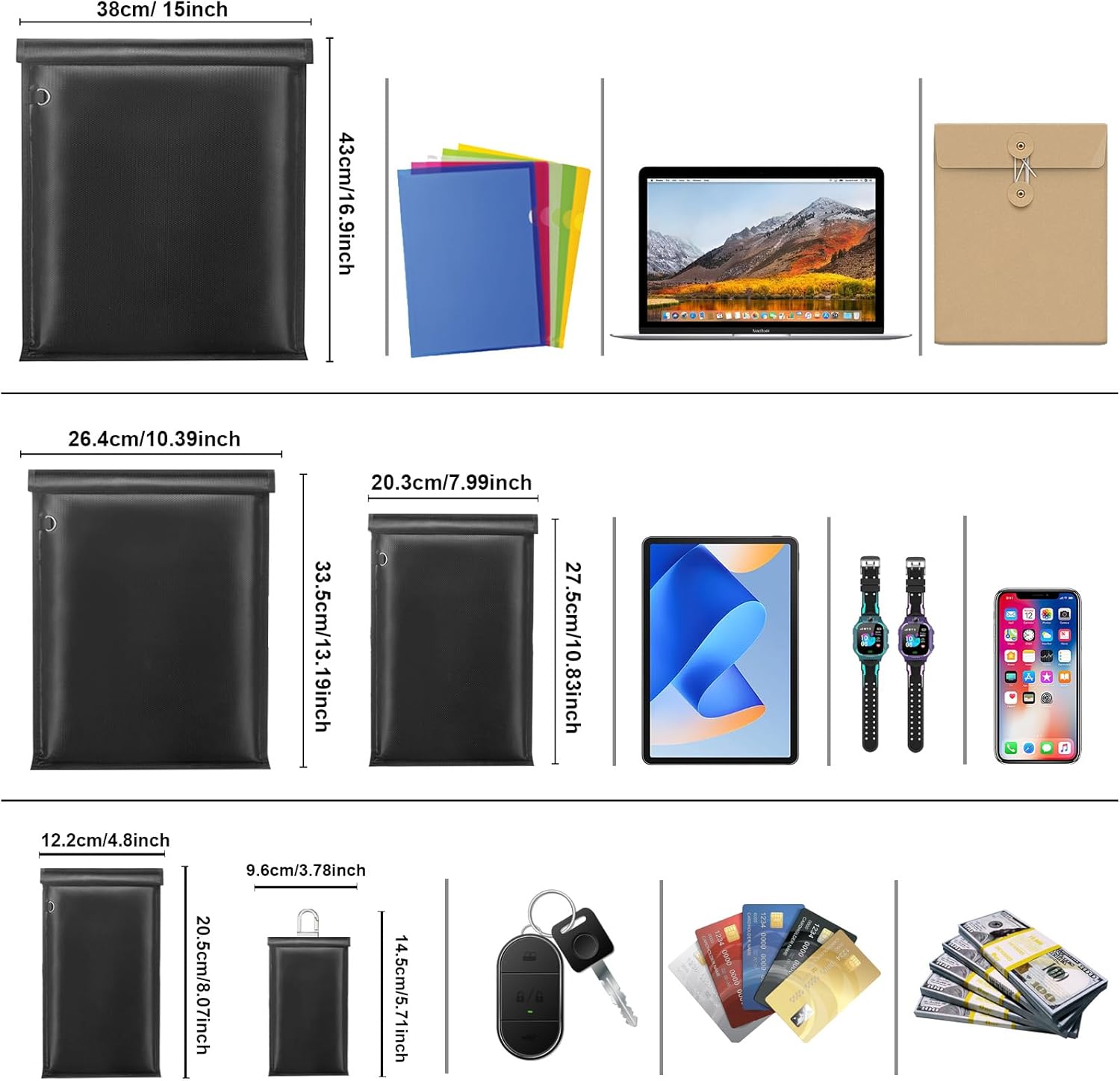 yaokvide Large Faraday Bags- 5 Pack Faraday Cages for Laptops & Tablets & Phones & Car Keys, Faraday Key Fob Protector, Fireproof & Waterproof Anti-theft Signal Blocking Pouch