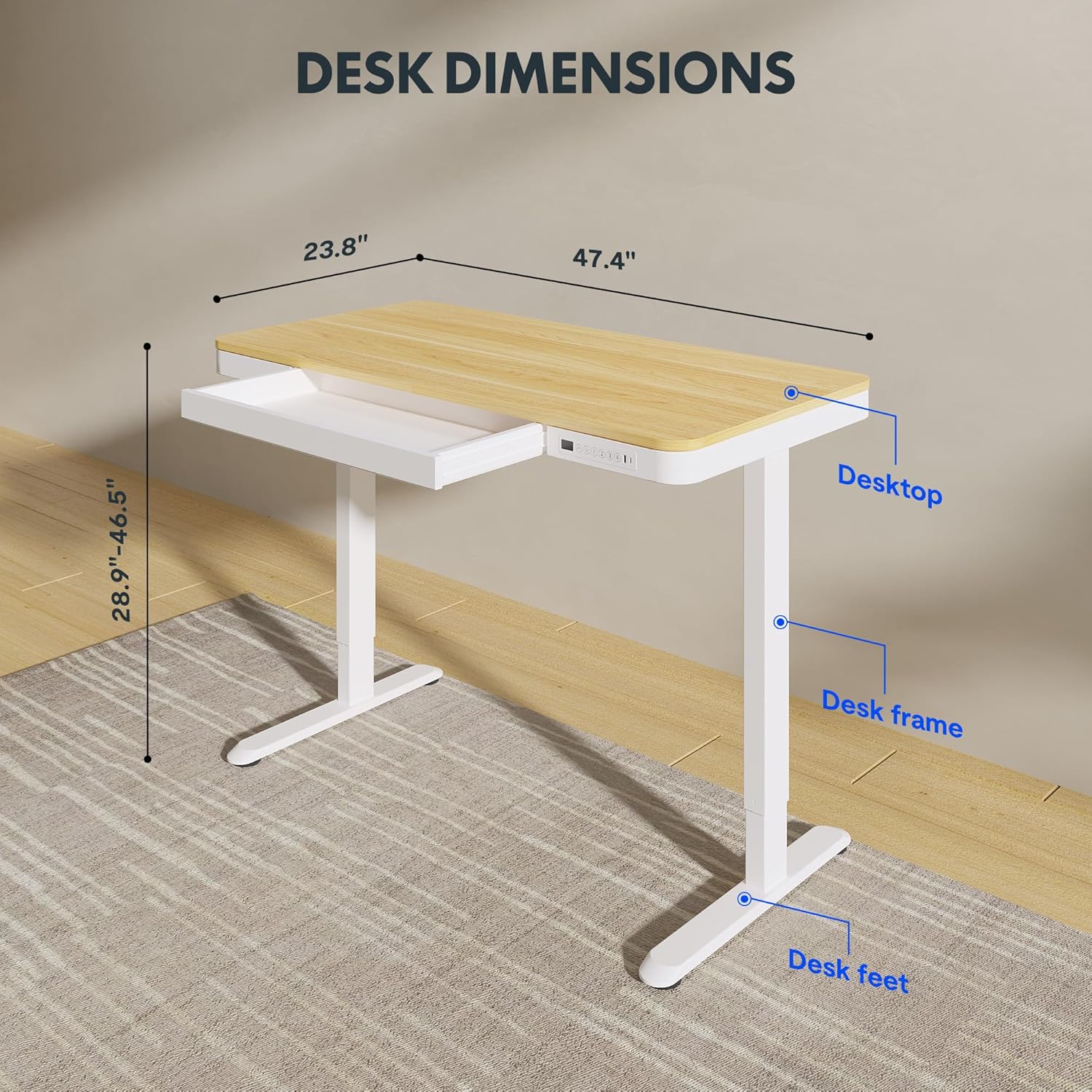 FLEXISPOT Comhar Electric Standing Desk with Drawers Charging USB Port, Height Adjustable 48" Whole-Piece Quick Install Home Office Computer Laptop Table with Storage (Maple Top + White Frame)