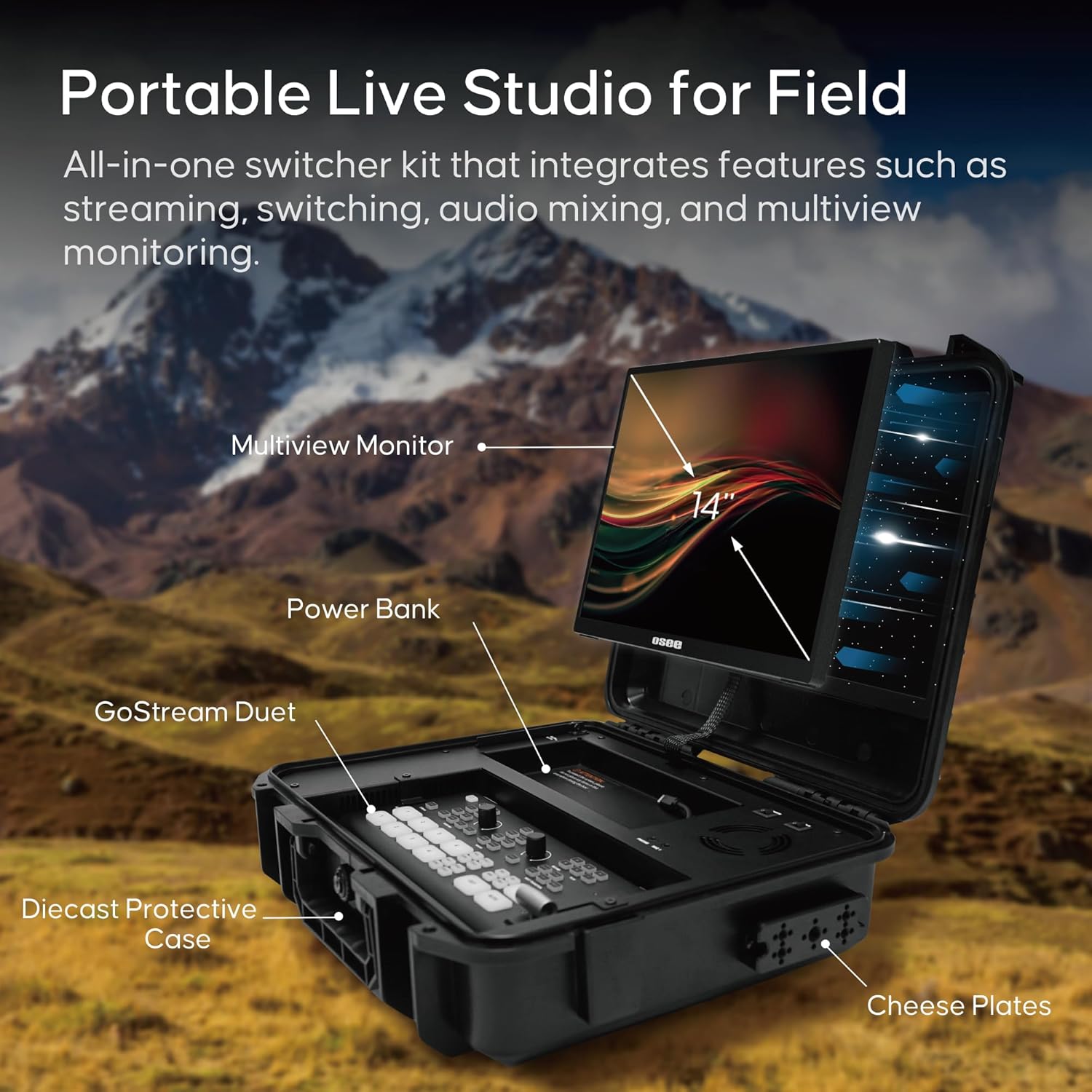Osee GoStream Duet Kit All in One Pro Live Streaming Multi-Camera Video Mixer Switcher Recorder Player Kit 4 HDMI&SDI in USB-C I/O with 14 Inch Monitor Built-in DC-to-Type C Cable NDI(Free Activated)