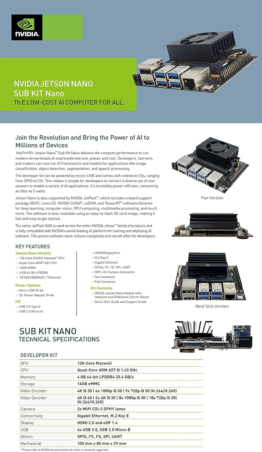 Jetson Nano Developer Kit 16G eMMC onboard for AI Machine Learning (4GB RAM 16GB eMMC)