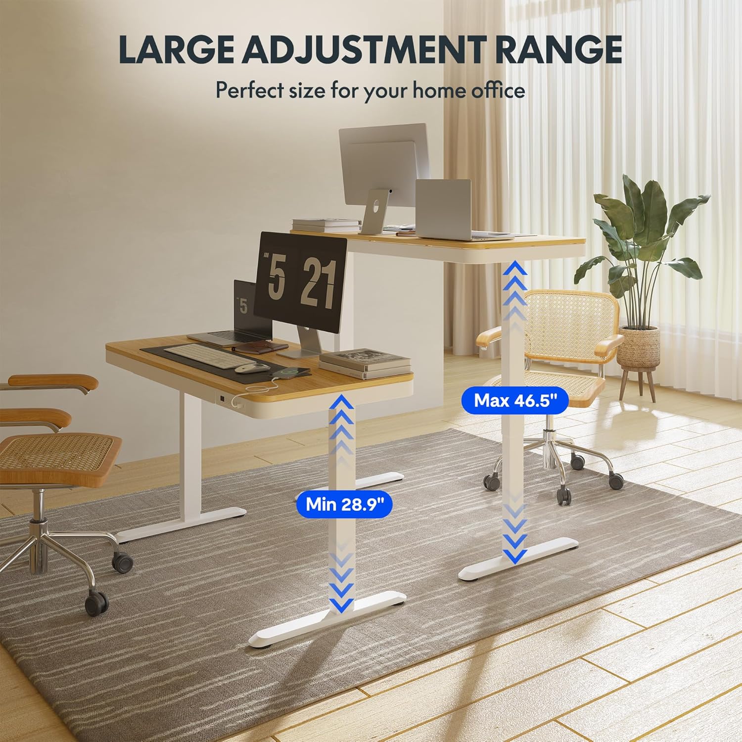 FLEXISPOT Comhar Electric Standing Desk with Drawers Charging USB Port, Height Adjustable 48" Whole-Piece Quick Install Home Office Computer Laptop Table with Storage (Maple Top + White Frame)