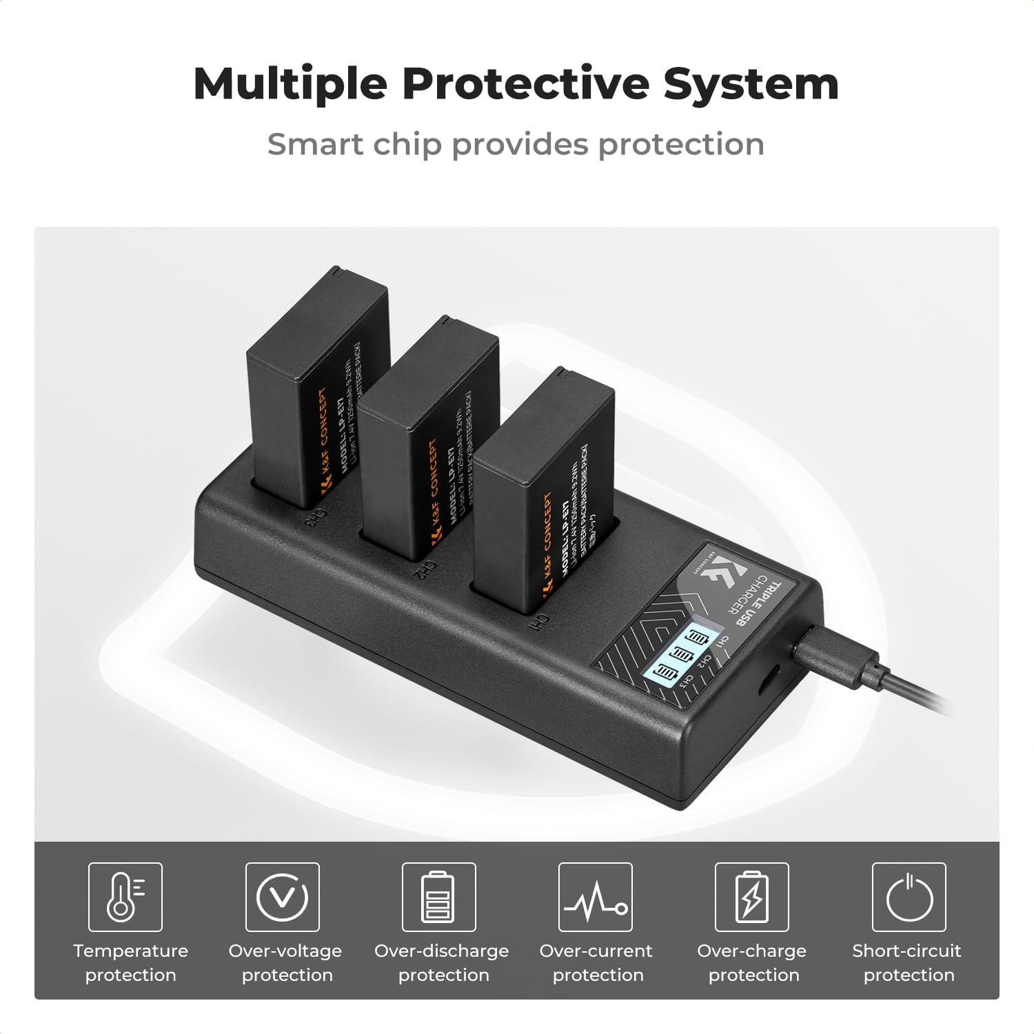 K&F CONCEPT 3-Pack LP-E17 Battery and Upgraded 3-Slot LCD Charger Compatible with Canon EOS R50 R100 RP R10 R8, Powershot V1, T8i T7i T6i T6s SL2 SL3 M3 M5 M6 200D 750D 760D 800D 8000D Camera