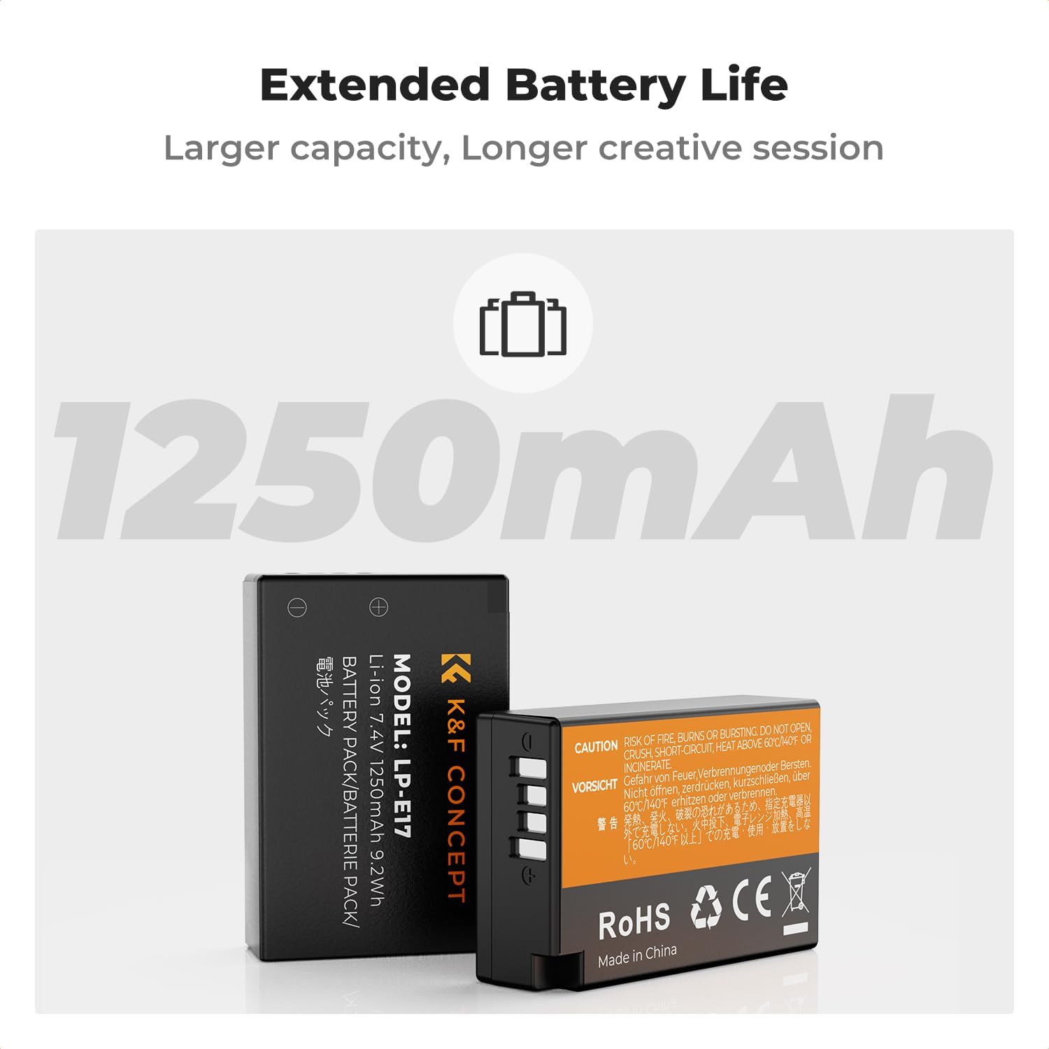 K&F CONCEPT 3-Pack LP-E17 Battery and Upgraded 3-Slot LCD Charger Compatible with Canon EOS R50 R100 RP R10 R8, Powershot V1, T8i T7i T6i T6s SL2 SL3 M3 M5 M6 200D 750D 760D 800D 8000D Camera