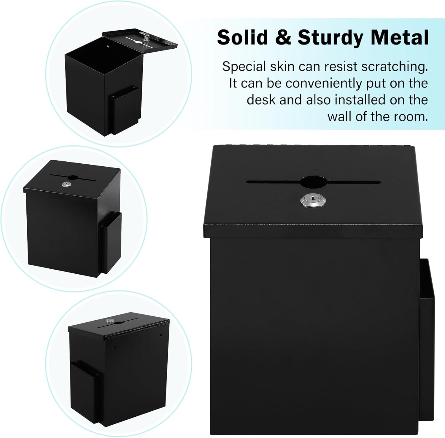 xydled Wall Mounted Suggestion Box with Key Lock, Metal Donation/Ballot/Voting/Collection/Key Drop Box with 50 Free Suggestion Cards , Black, 8.7"x 5.9"x7.1"