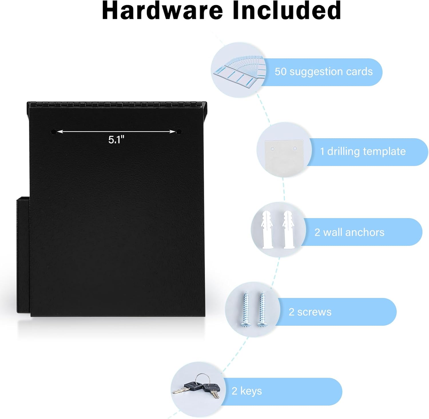 xydled Wall Mounted Suggestion Box with Key Lock, Metal Donation/Ballot/Voting/Collection/Key Drop Box with 50 Free Suggestion Cards , Black, 8.7"x 5.9"x7.1"
