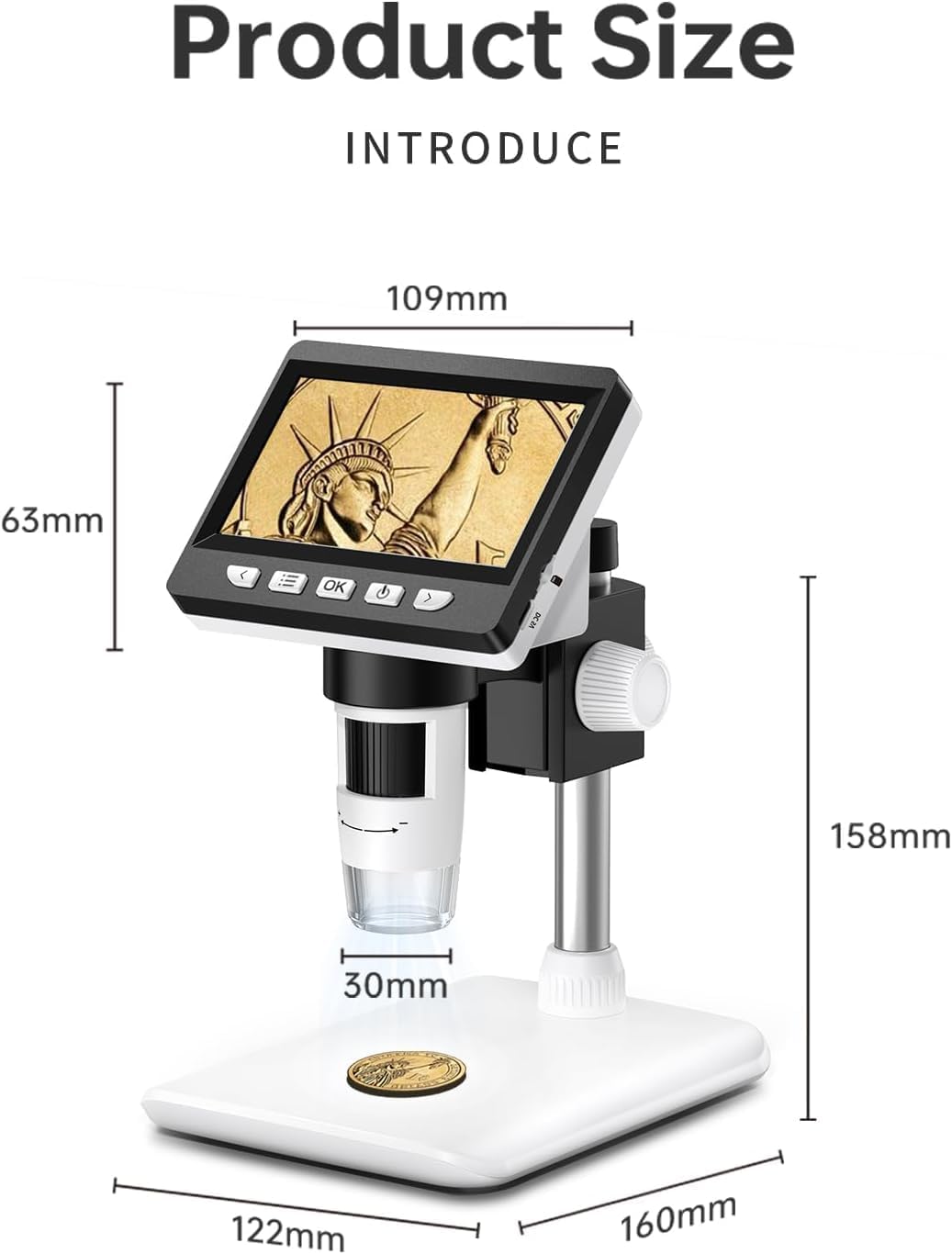 Coin Microscope, 4.3 Inch Digital Microscope 1000X Coin Magnifier for Error Coins with 8 Adjustable LED Lights, PC View Compatible with Windows & MacOS