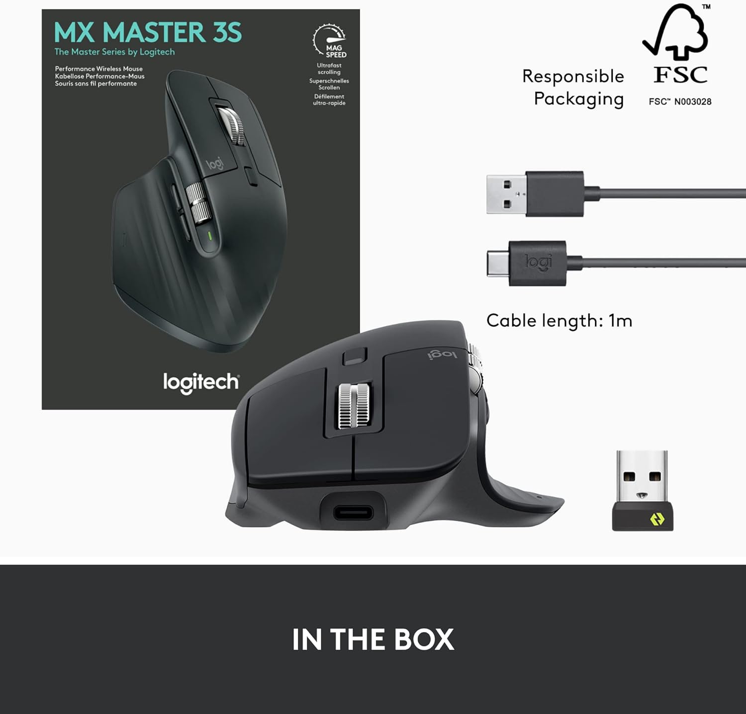 Logitech MX Master 3S Performance Wireless Mouse - Graphite With Bolt Reciever