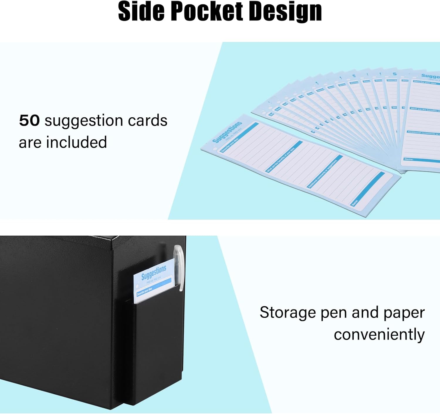 xydled Wall Mounted Suggestion Box with Key Lock, Metal Donation/Ballot/Voting/Collection/Key Drop Box with 50 Free Suggestion Cards , Black, 8.7"x 5.9"x7.1"