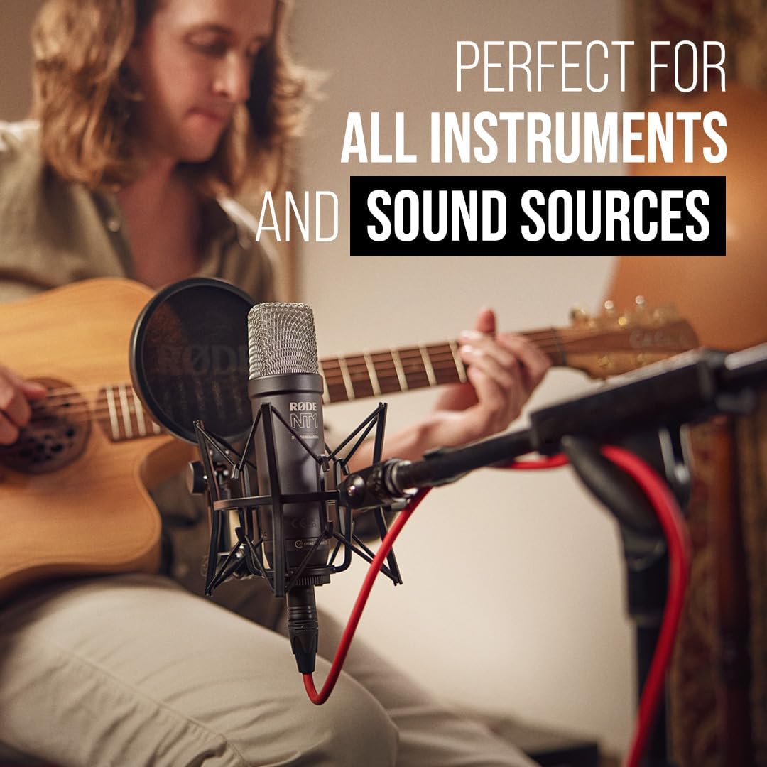 RØDE NT1 5th Generation Large-diaphragm Studio Condenser Microphone with XLR and USB Outputs, Shock Mount and Pop Filter for Music Production, Vocal Recording and Podcasting (Black)