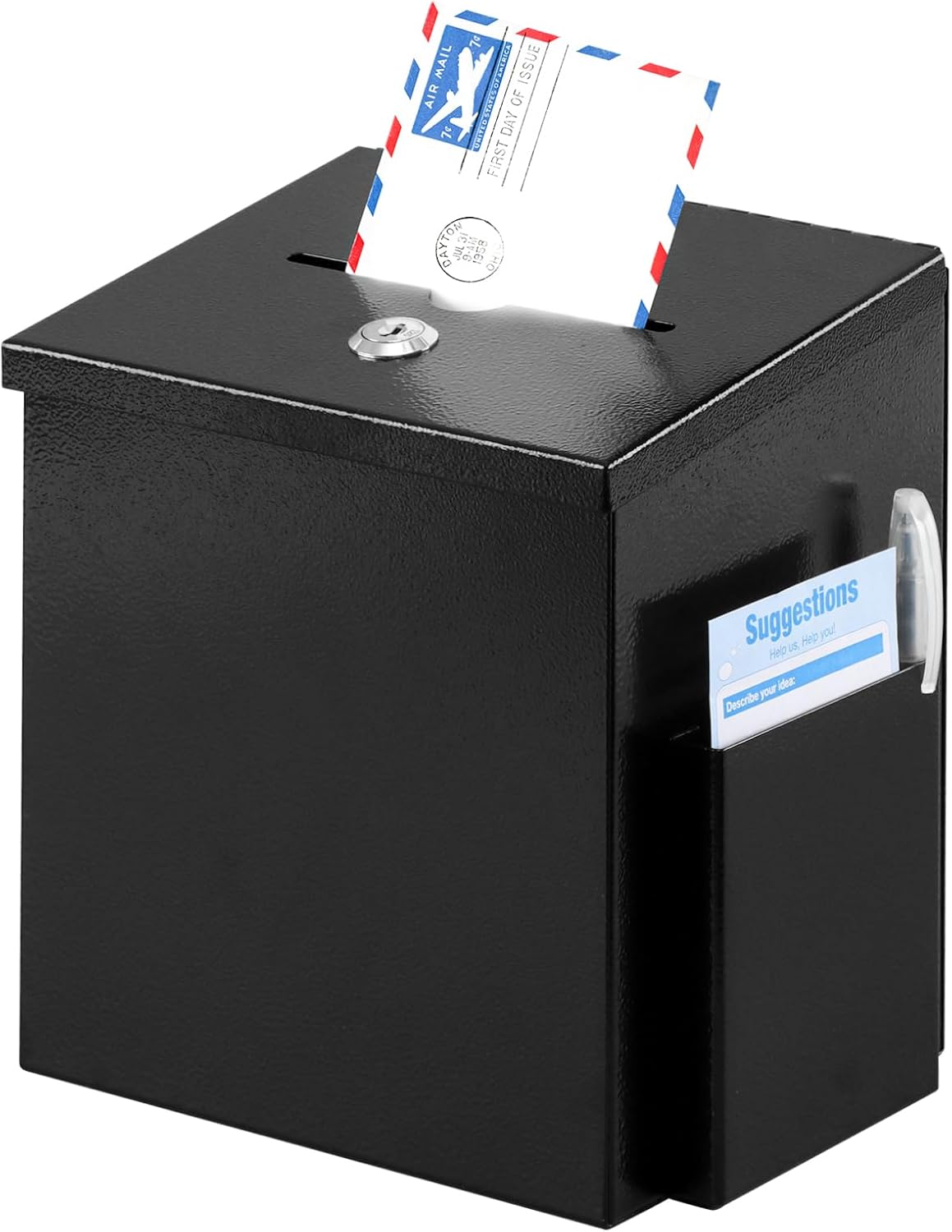 xydled Wall Mounted Suggestion Box with Key Lock, Metal Donation/Ballot/Voting/Collection/Key Drop Box with 50 Free Suggestion Cards , Black, 8.7"x 5.9"x7.1"
