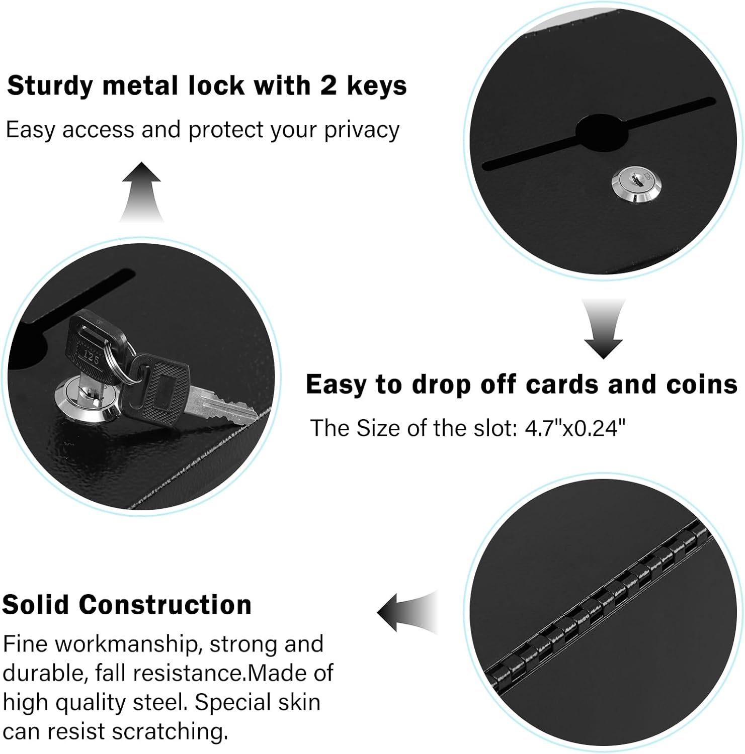 xydled Wall Mounted Suggestion Box with Key Lock, Metal Donation/Ballot/Voting/Collection/Key Drop Box with 50 Free Suggestion Cards , Black, 8.7"x 5.9"x7.1"