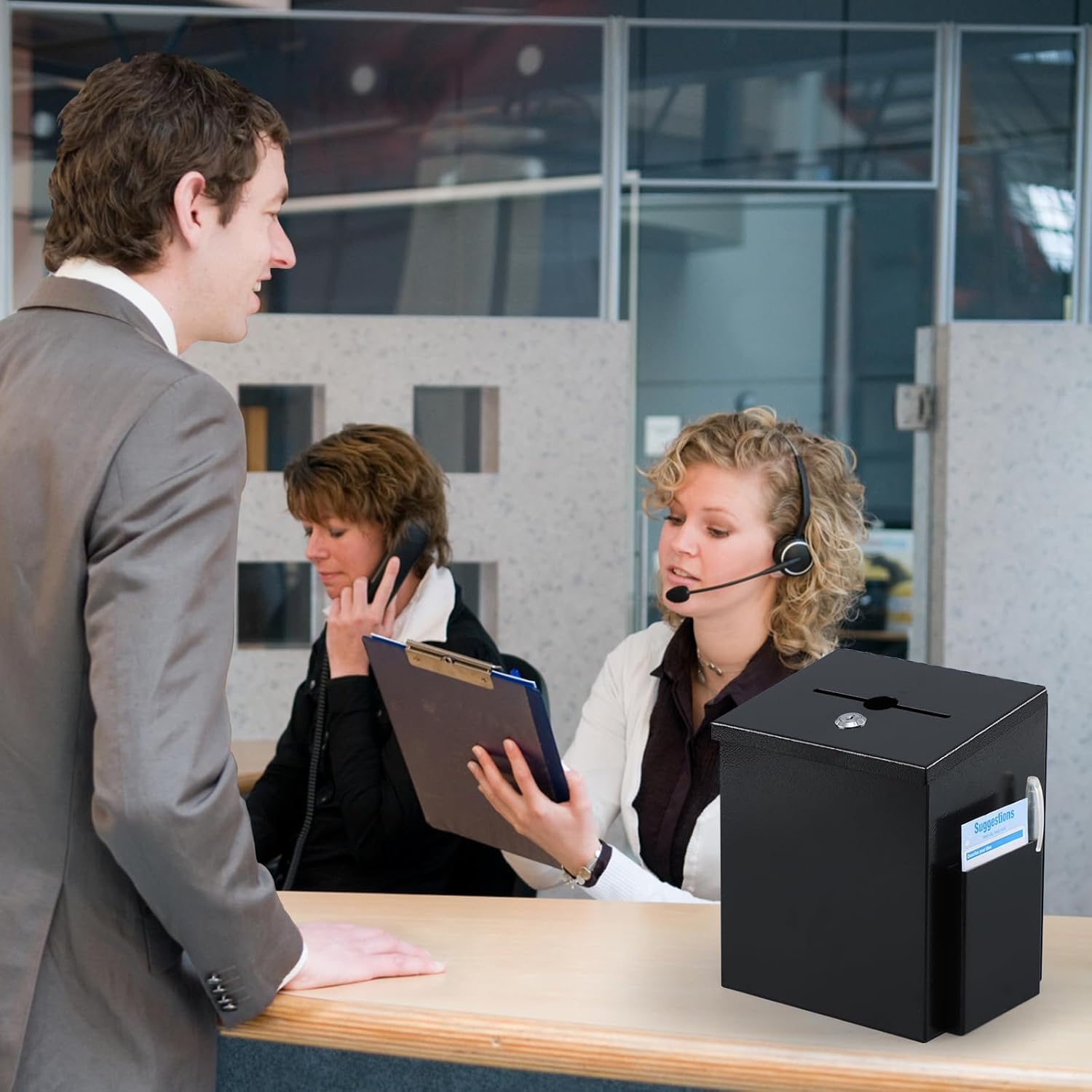 xydled Wall Mounted Suggestion Box with Key Lock, Metal Donation/Ballot/Voting/Collection/Key Drop Box with 50 Free Suggestion Cards , Black, 8.7"x 5.9"x7.1"