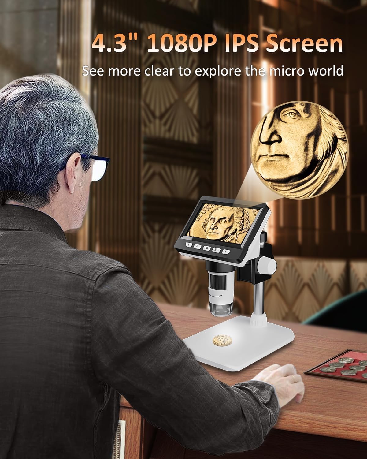 Coin Microscope, 4.3 Inch Digital Microscope 1000X Coin Magnifier for Error Coins with 8 Adjustable LED Lights, PC View Compatible with Windows & MacOS