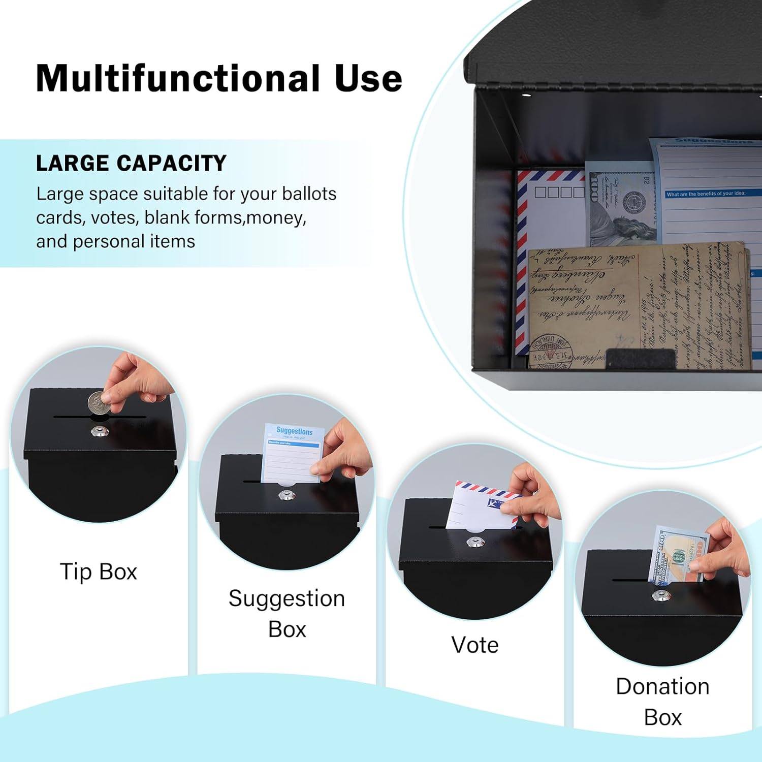 xydled Wall Mounted Suggestion Box with Key Lock, Metal Donation/Ballot/Voting/Collection/Key Drop Box with 50 Free Suggestion Cards , Black, 8.7"x 5.9"x7.1"