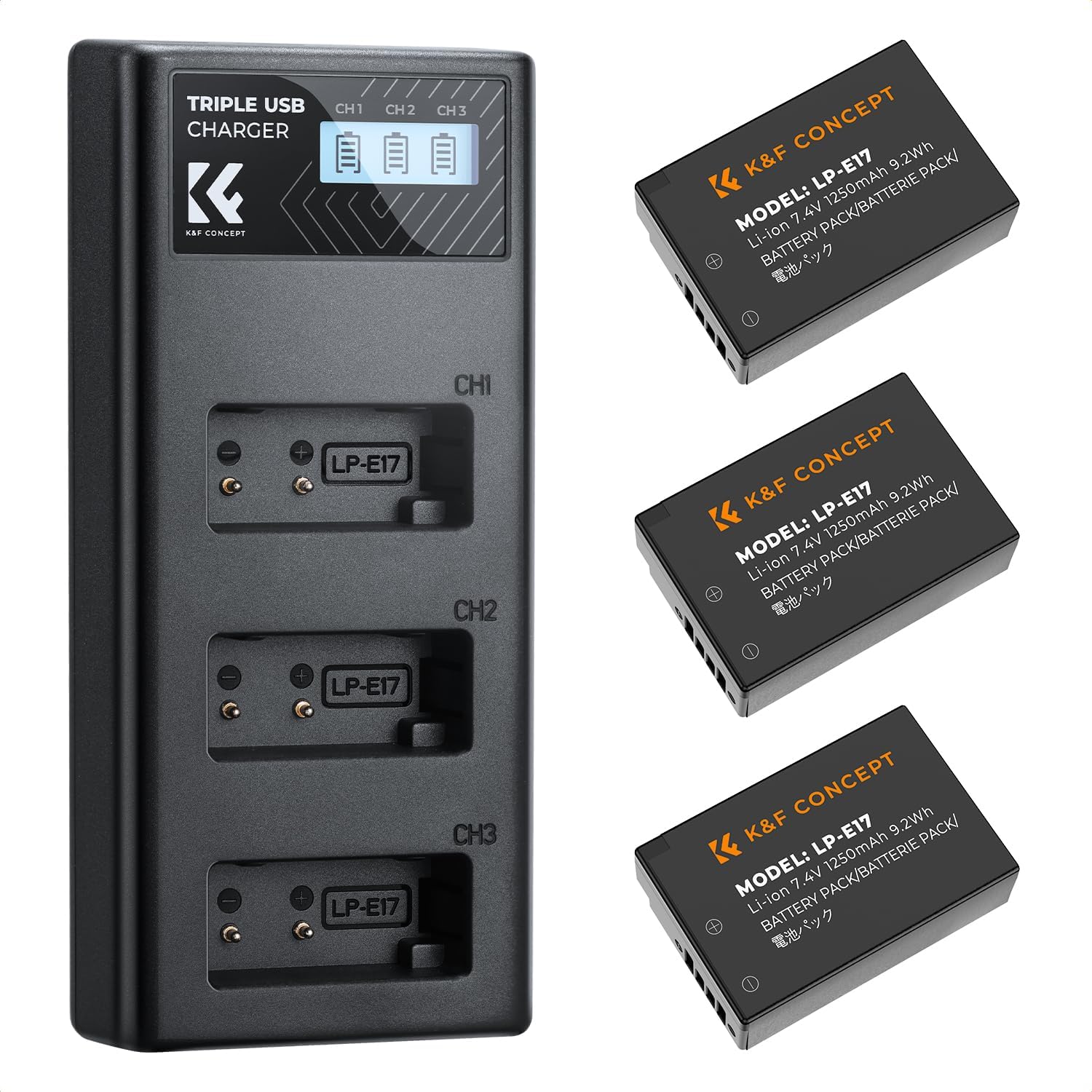 K&F CONCEPT 3-Pack LP-E17 Battery and Upgraded 3-Slot LCD Charger Compatible with Canon EOS R50 R100 RP R10 R8, Powershot V1, T8i T7i T6i T6s SL2 SL3 M3 M5 M6 200D 750D 760D 800D 8000D Camera