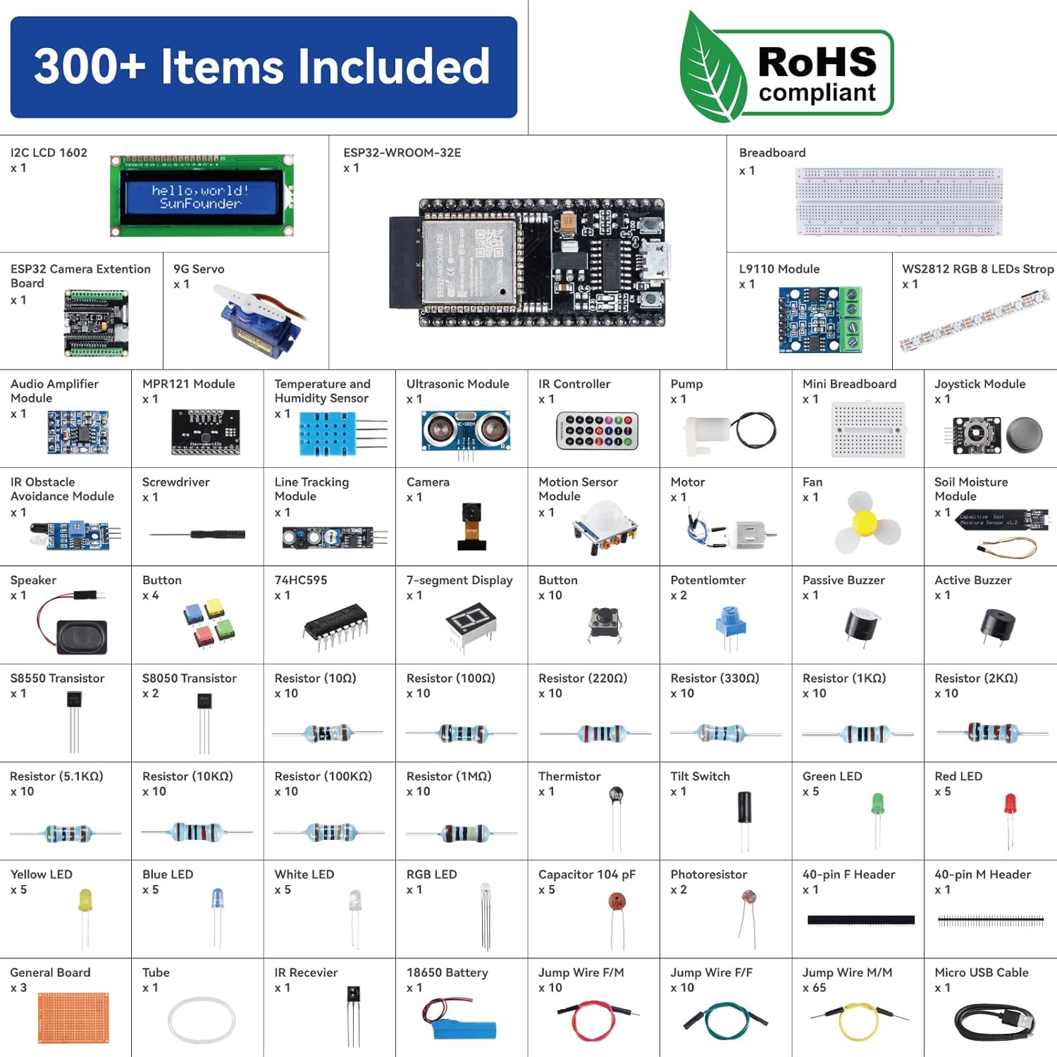 SunFounder ESP32 Ultimate Starter Kit (Compatible with Arduino) ESP32CAM, RoHS Compliant, Python C Scratch, Video Courses, IoT for Beginners Engineers, ESP32-WROOM-32E Board & Battery Included