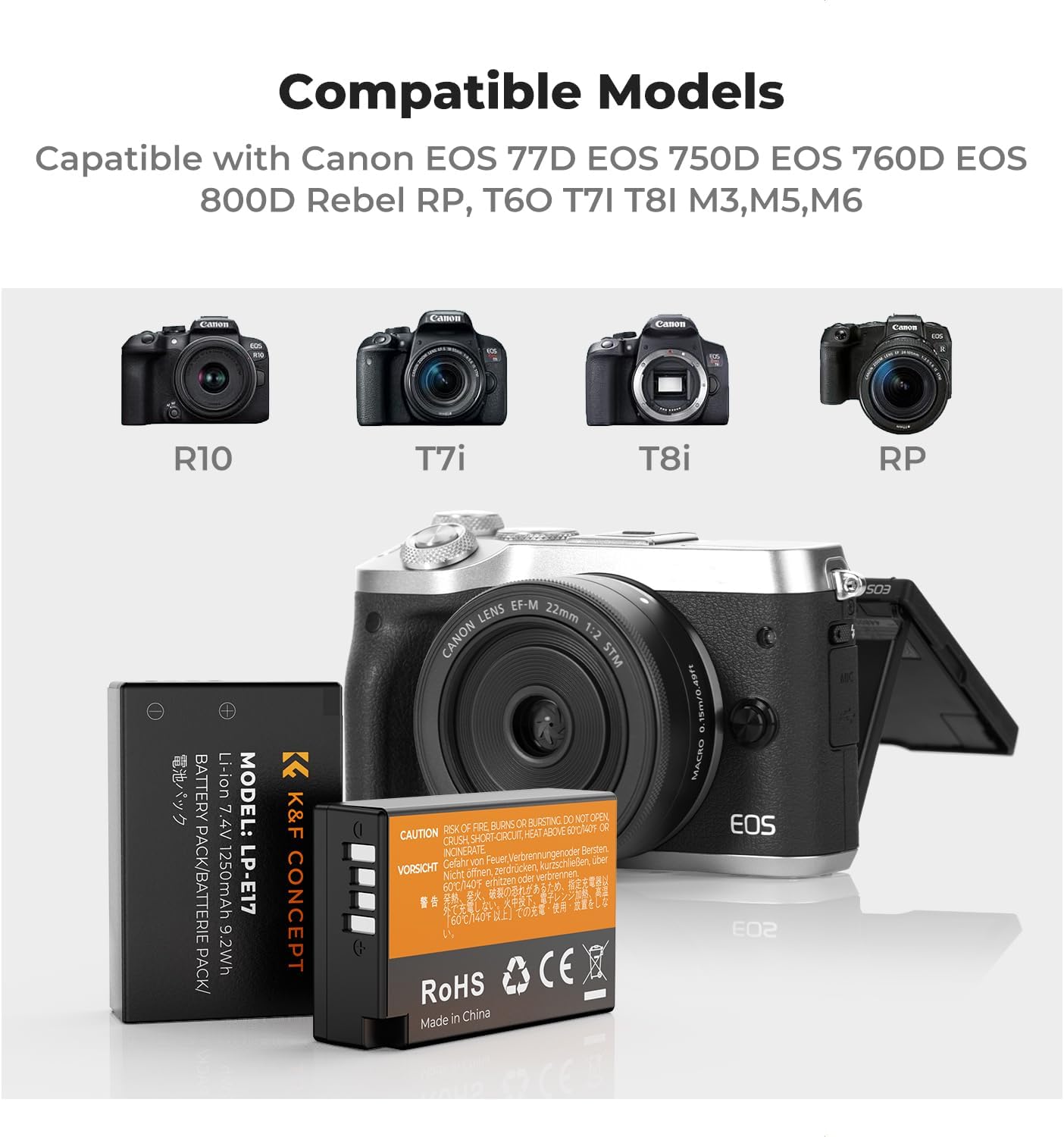 K&F CONCEPT 3-Pack LP-E17 Battery and Upgraded 3-Slot LCD Charger Compatible with Canon EOS R50 R100 RP R10 R8, Powershot V1, T8i T7i T6i T6s SL2 SL3 M3 M5 M6 200D 750D 760D 800D 8000D Camera