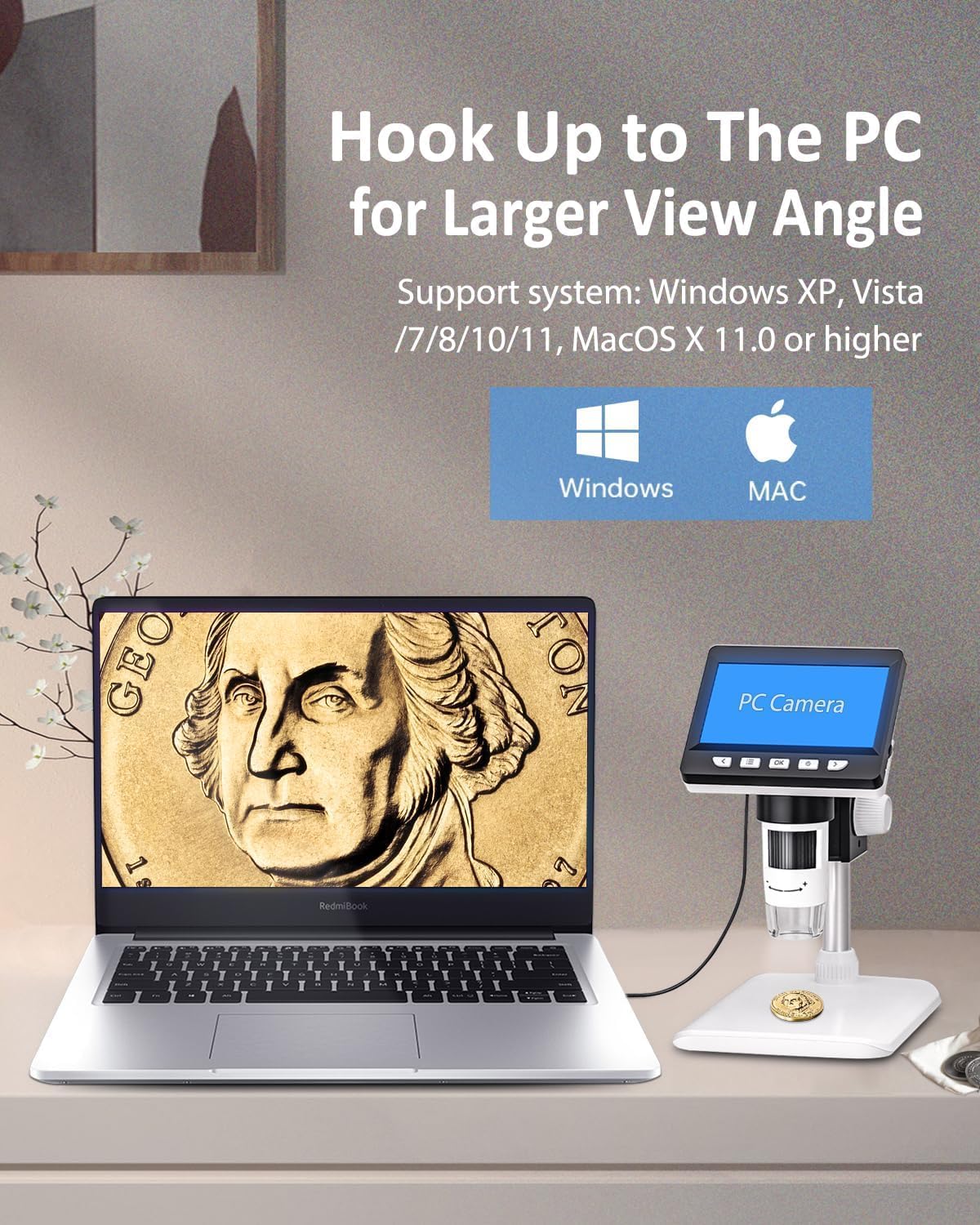 Coin Microscope, 4.3 Inch Digital Microscope 1000X Coin Magnifier for Error Coins with 8 Adjustable LED Lights, PC View Compatible with Windows & MacOS