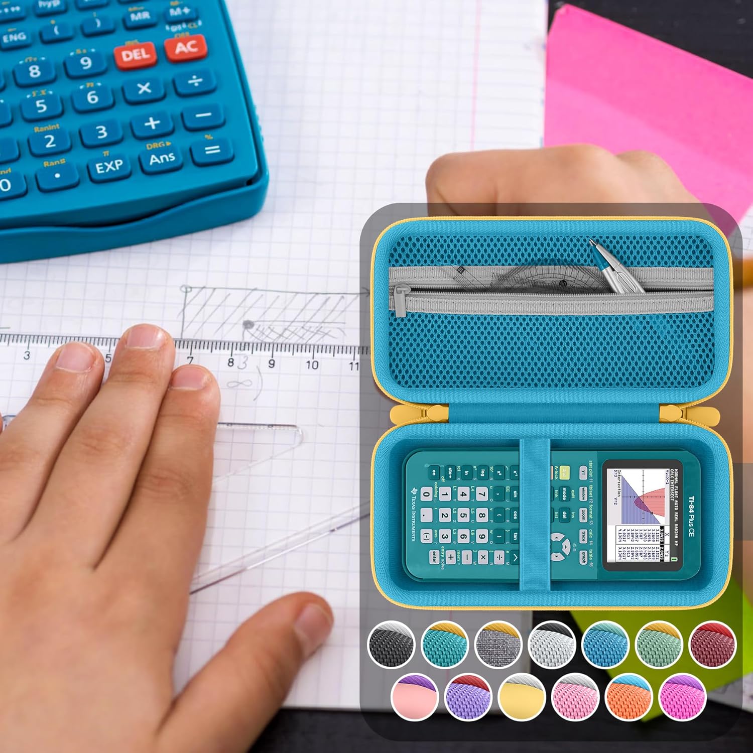 Calculator Case Compatible with Texas Instruments TI-84 Plus CE/TI-84 Plus/TI-Nspire CX II CAS/TI-Nspire CX II/TI-83 Plus/TI-89 Titanium Color Graphing Calculator(Blue Case,Yellow Zipper)