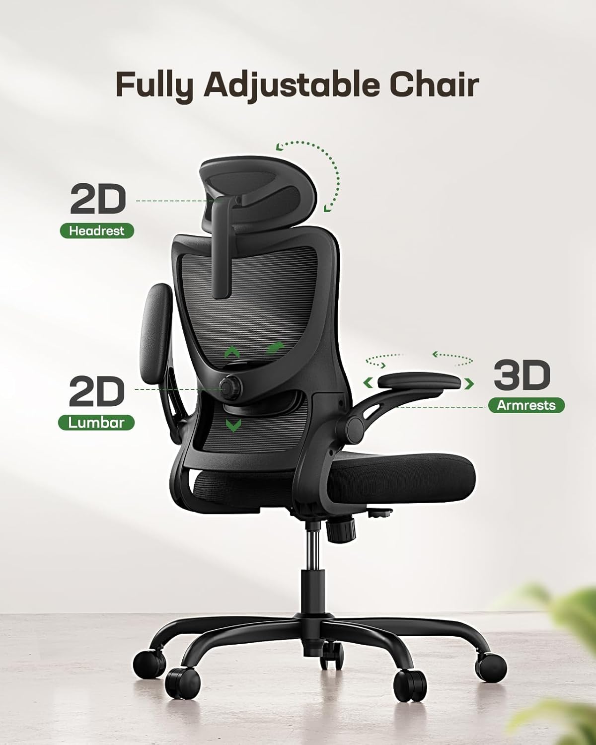 Marsail Ergonomic Office Chair: Office Desk Chair with High Back Mesh and Adjustable Lumbar Support Rolling Work Swivel Task Chairs with Wheel 3D Armrests and Headrest