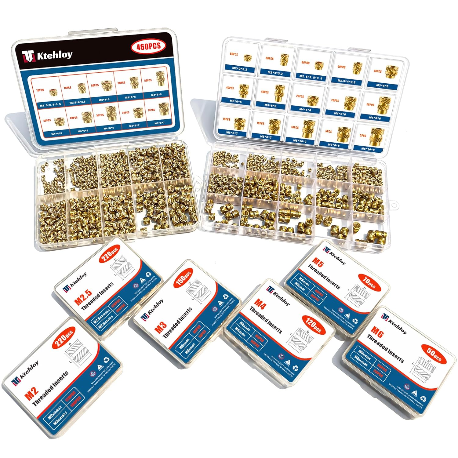 460Pcs Threaded Inserts, M2.5 M3 M4 M5 M6 Female Thread Metric Knurled Nuts Assortment Kit, Brass Heat Set Insert for Plastic and 3D Printing Components (M2.5-M5-Kit)