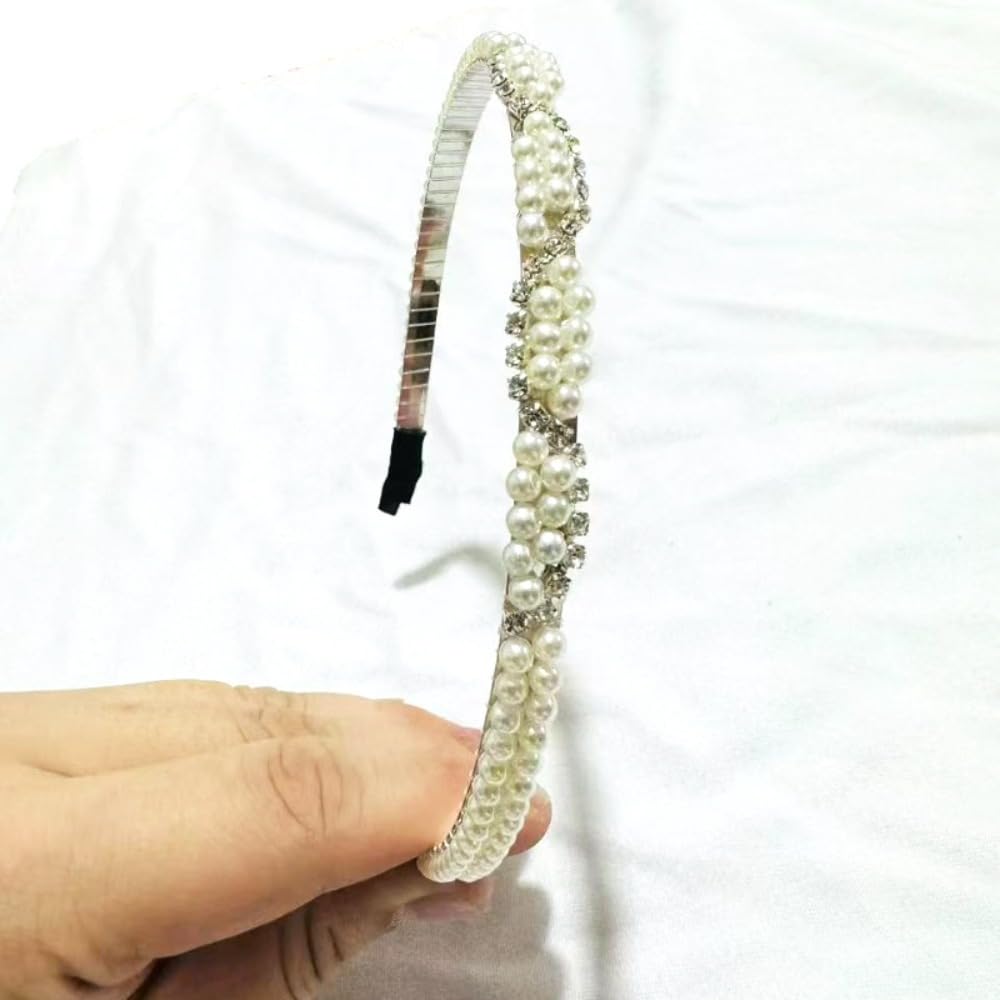 Pearl headgear, hair accessories, broken hair bangs, diamond double headband shape (2 packs) (010 Gold)