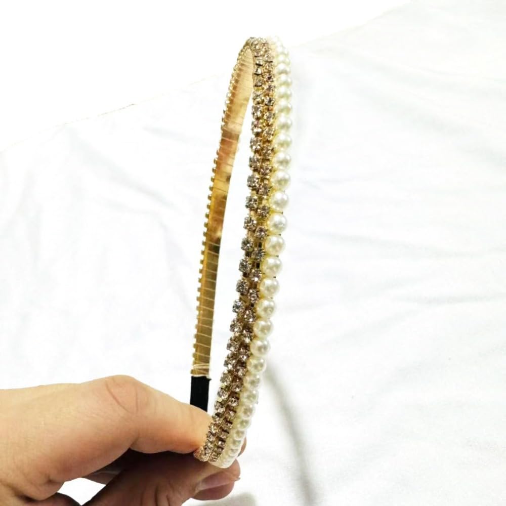 Pearl headgear, hair accessories, broken hair bangs, diamond double headband shape (2 packs) (010 Gold)