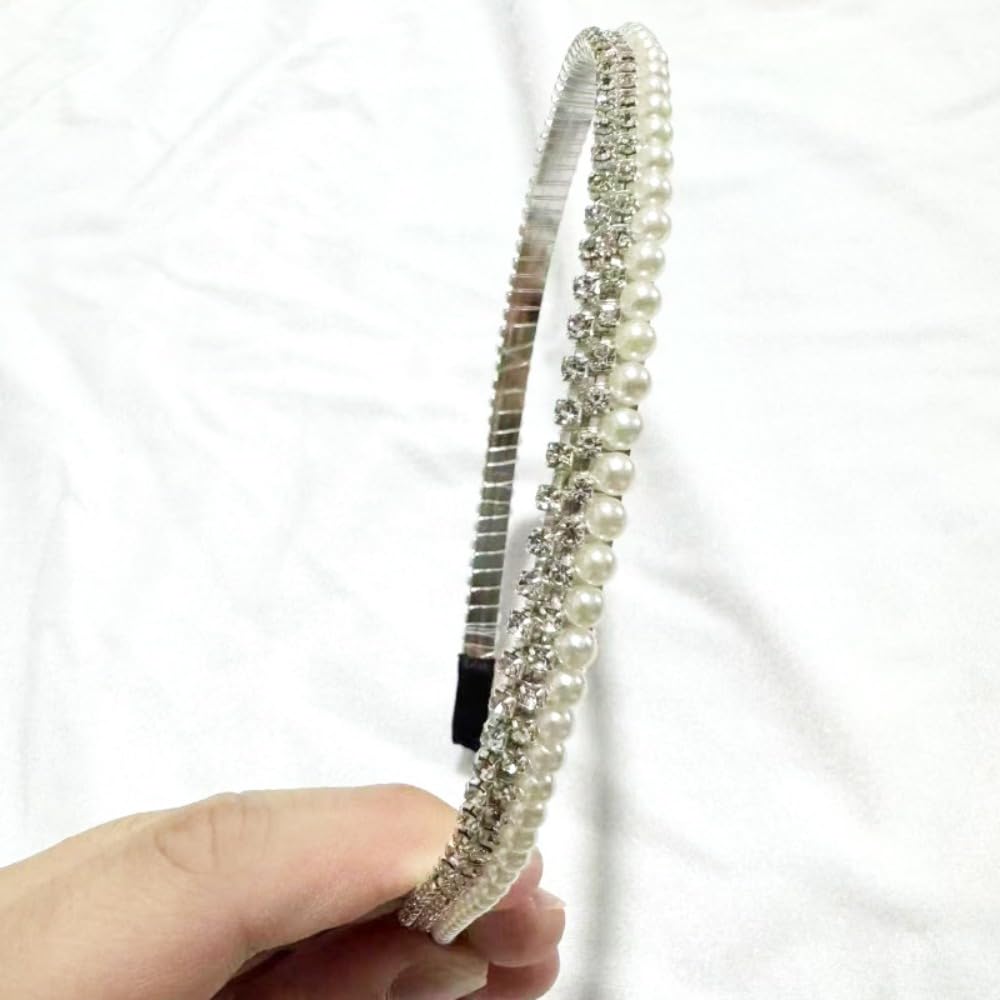 Pearl headgear, hair accessories, broken hair bangs, diamond double headband shape (2 packs) (010 Gold)