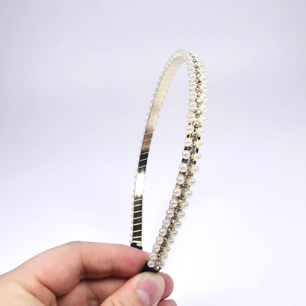 Pearl headgear, hair accessories, broken hair bangs, diamond double headband shape (2 packs) (010 Gold)