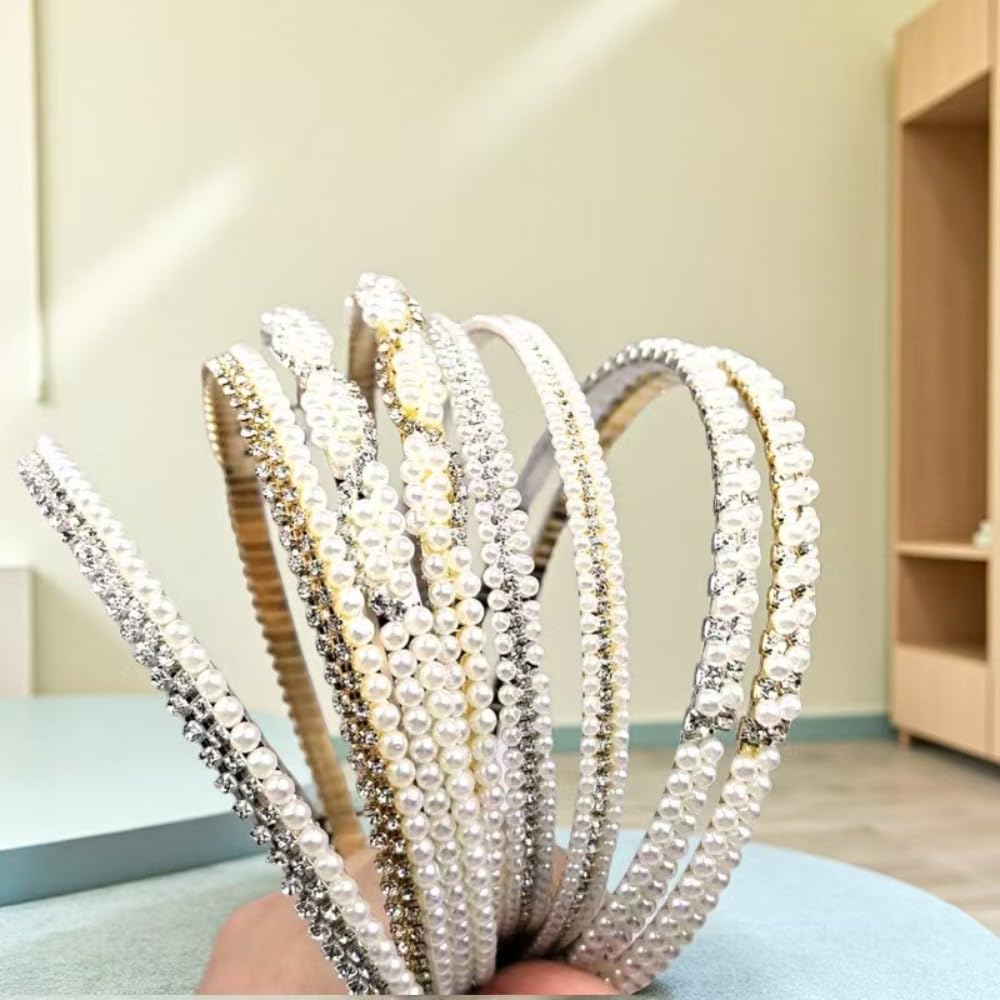 Pearl headgear, hair accessories, broken hair bangs, diamond double headband shape (2 packs) (010 Gold)