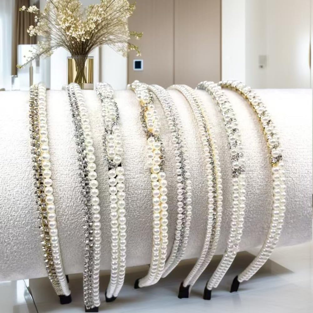 Pearl headgear, hair accessories, broken hair bangs, diamond double headband shape (2 packs) (010 Gold)