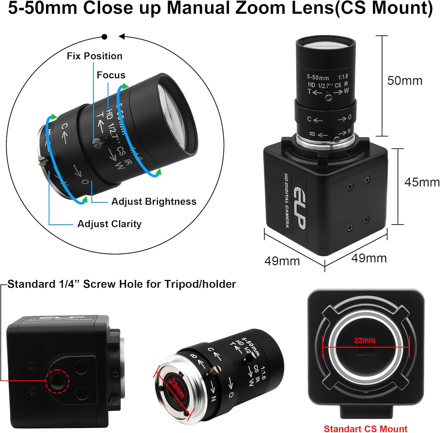 USB Camera 1080P High Speed 260fps 5-50mm 10X Optical Zoom Lens 2MP USB Webcam Manual Close up Zoom in and Out,UVC Computer Comference Golf Swing Camera for Raspberry Pi Windows Mac