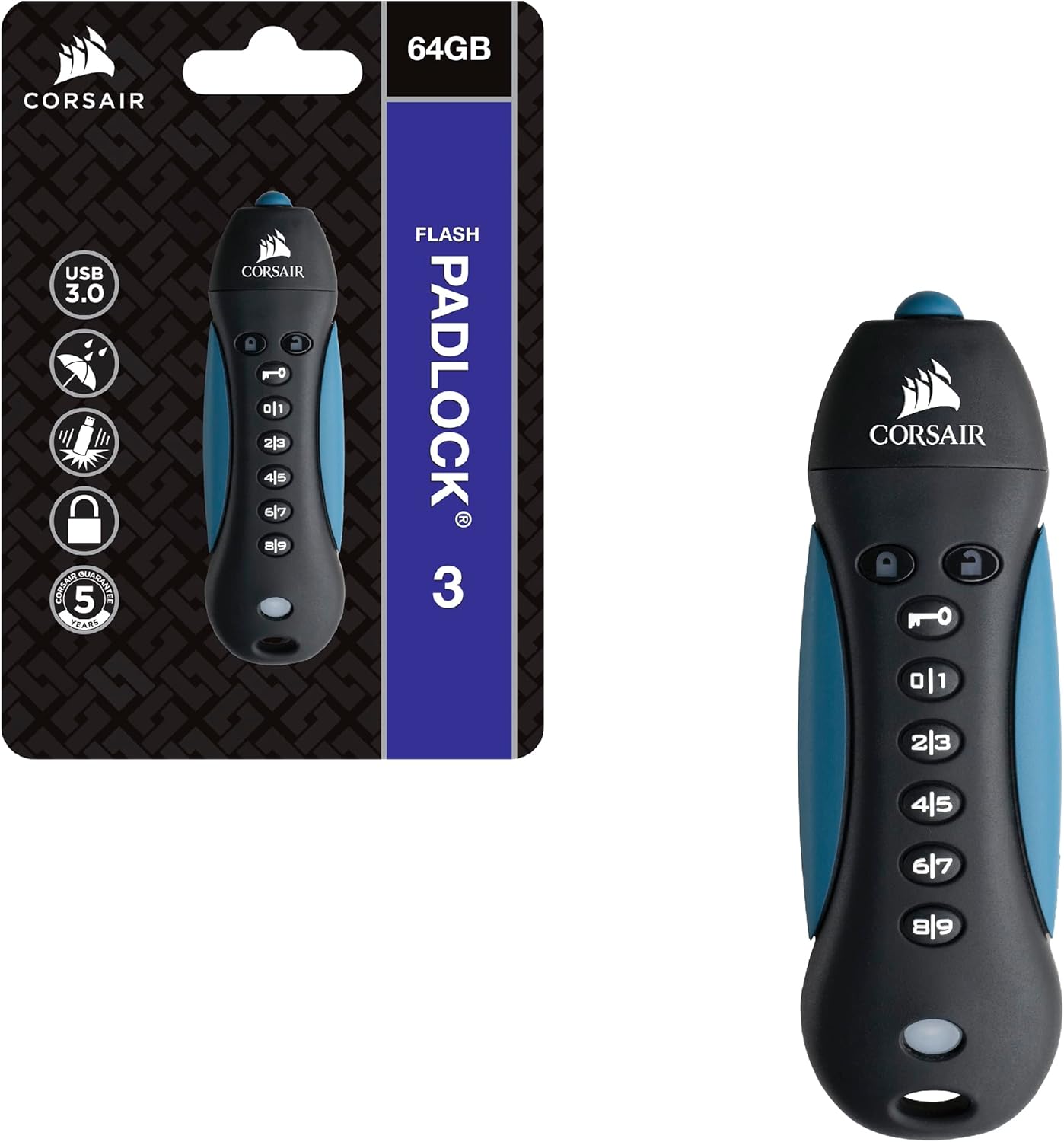 Corsair Flash Padlock 3, 256 GB Secure USB 3.0 Flash Drive with Keypad (256-bit AES Encryption, FIPS 197 Security Standards, Ruggedised Rubber Housing, Built-in PIN Pad) Black/Blue